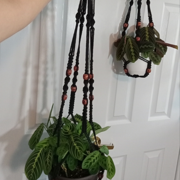 Plant Hanger Macrame Black Floral Beads Set Of 2 With Rings Handmade Small Med - Picture 6 of 15
